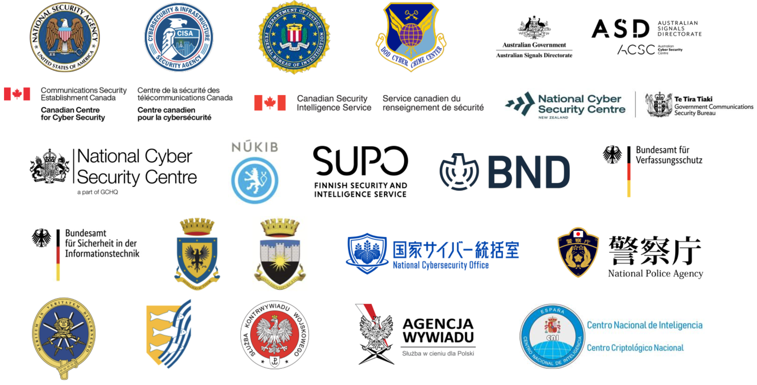 The seals of the two dozen national agencies that co-sealed the August 2025 joint advisory, including the NSA, CISA, FBI, and the security and intelligence services of Australia, Canada, New Zealand, the United Kingdom, the Czech Republic, Finland, Germany, Italy, Japan, the Netherlands, Poland and Spain.